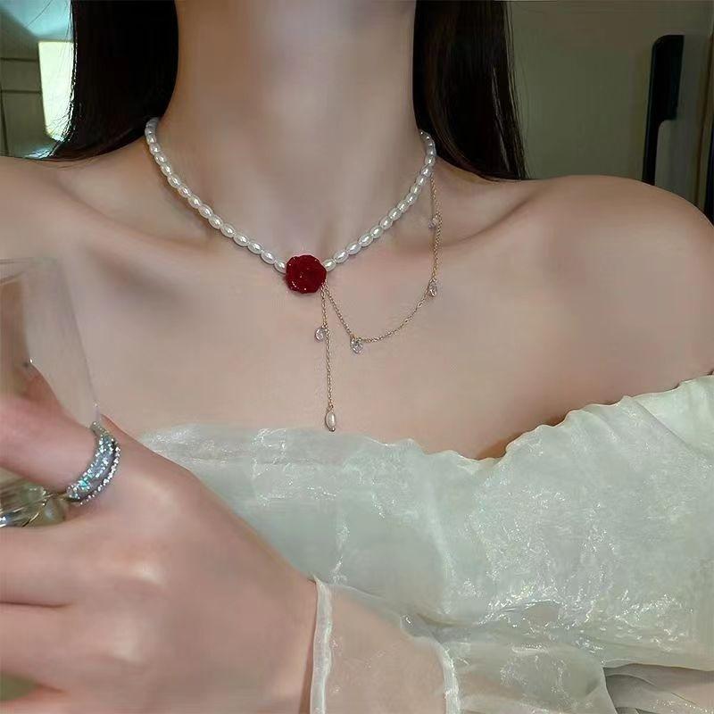 Rose Zircon Pearl Necklace Women's Light Luxury Niche Design Wind Neck Chain Collarbone Chain Temperament Necklace