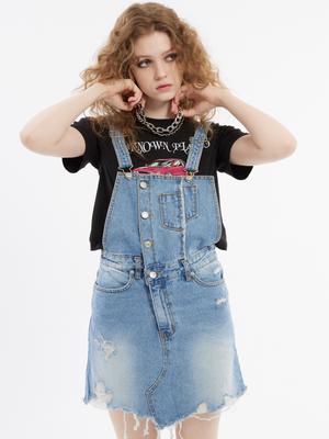 UNKNOWN PLANET Distressed Overalls Denim Skirt Blue