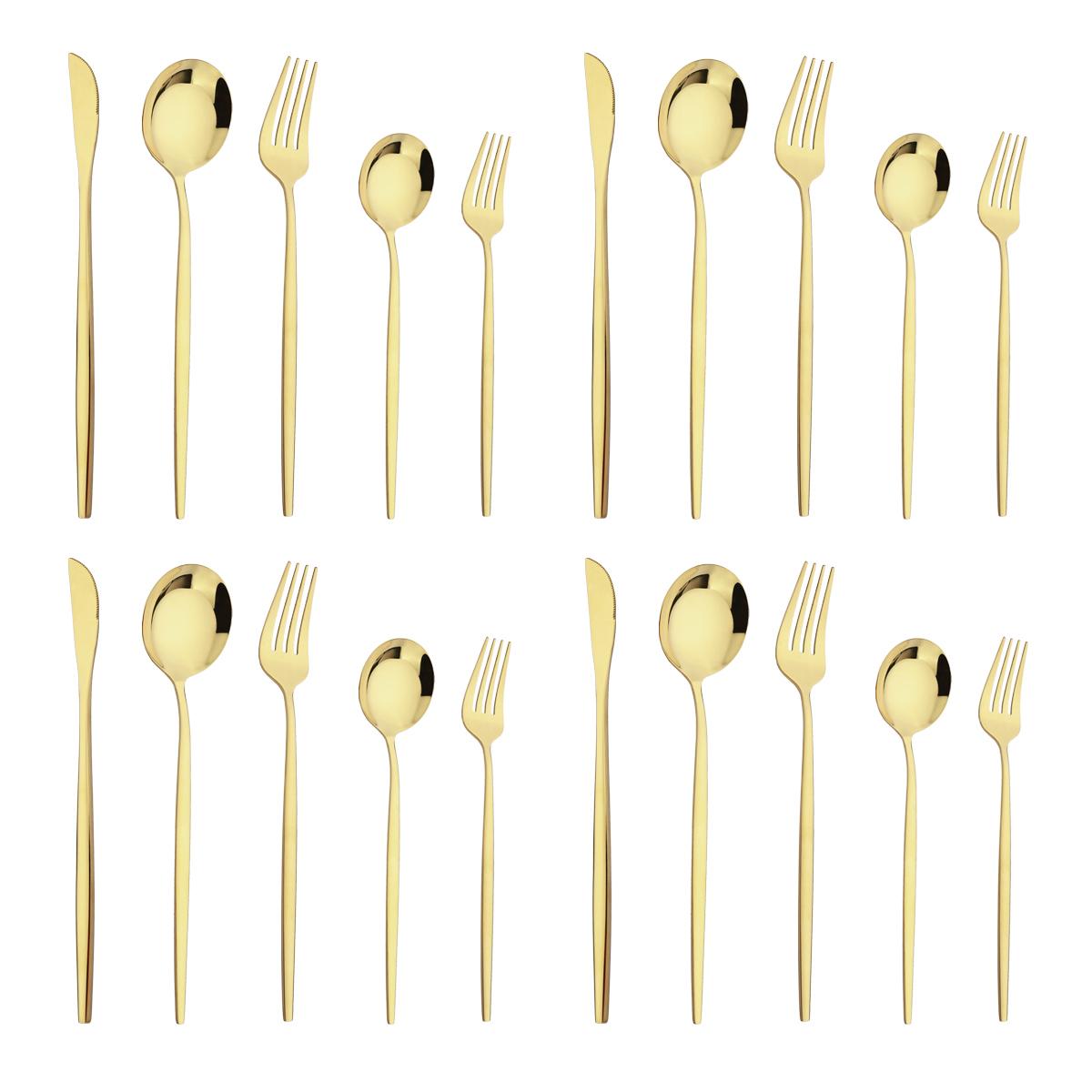 

20 шт. золотой набор столовой посуды, нож, десертная вилка, ложки, столовые приборы, столовые приборы высокого качества, столовое серебро из нержавеющей стали, кухонная посуда шампанского