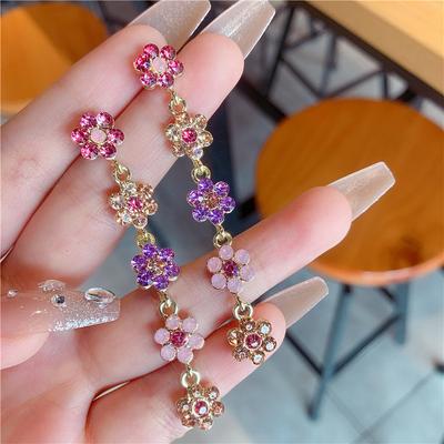 New Colorful Flower Rhinestone Long Earrings for Women Personality Fashion Summer Accessories Girly Party Birthday Gift