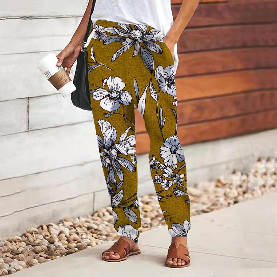 

Женские брюки с цветочным принтом на шнуровке, с эластичной талией, свободные брюки, повседневные длинные брюки, брюки с карманами 8XL жёлтый