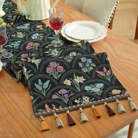 Classic Style Table Runner Jacquard Floral Runner, Vintage with Tassel Edges, Heat Resistant Farmhouse for Wedding Baby Shower Dining Decor