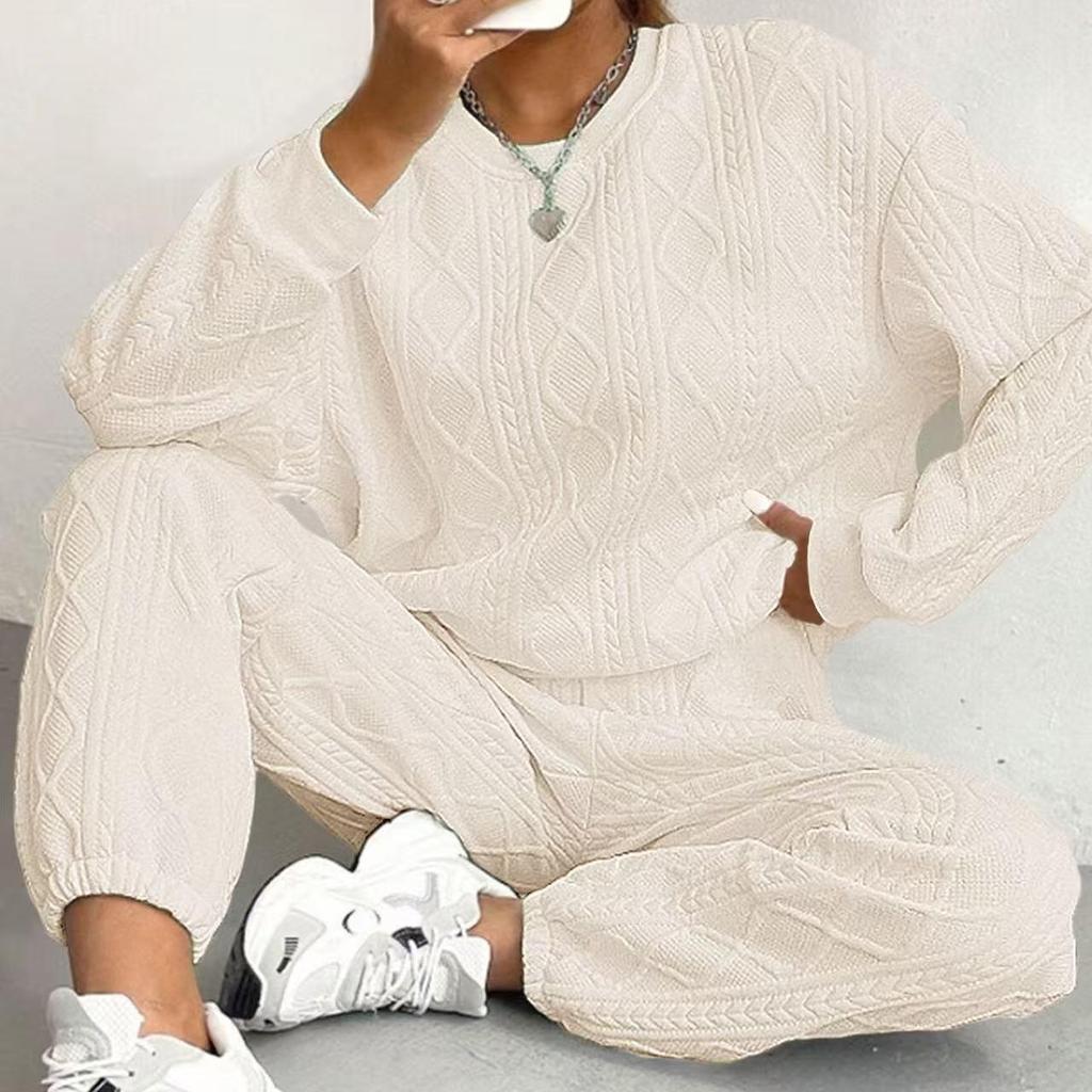 Dames Herfst en Winter Effen Kleur Jacquard Lange Mouw Casual Ronde Hals Sweatshirt en Broek Set