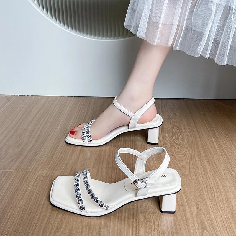 Fashion 2025 New Shiny Crystal Slippers Women's Luxury Rhinestone Mid Heel Sandals  Strange Heel Lace Up Summer