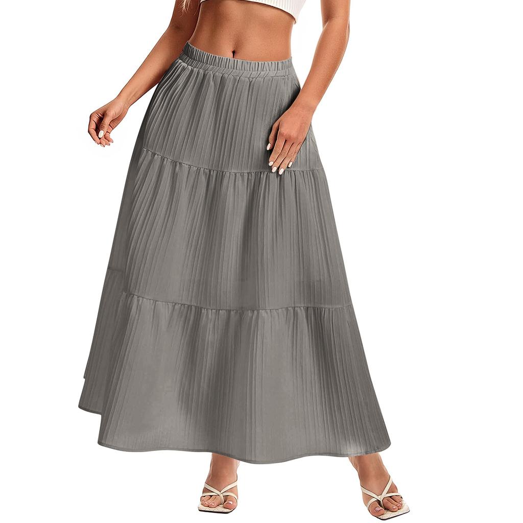 Women's High Waist Pleated Maxi Skirt Elastic Waistband Flowy Lightweight Long Skirt Tiered A Line Design Suitable for Casual and Daily Wear