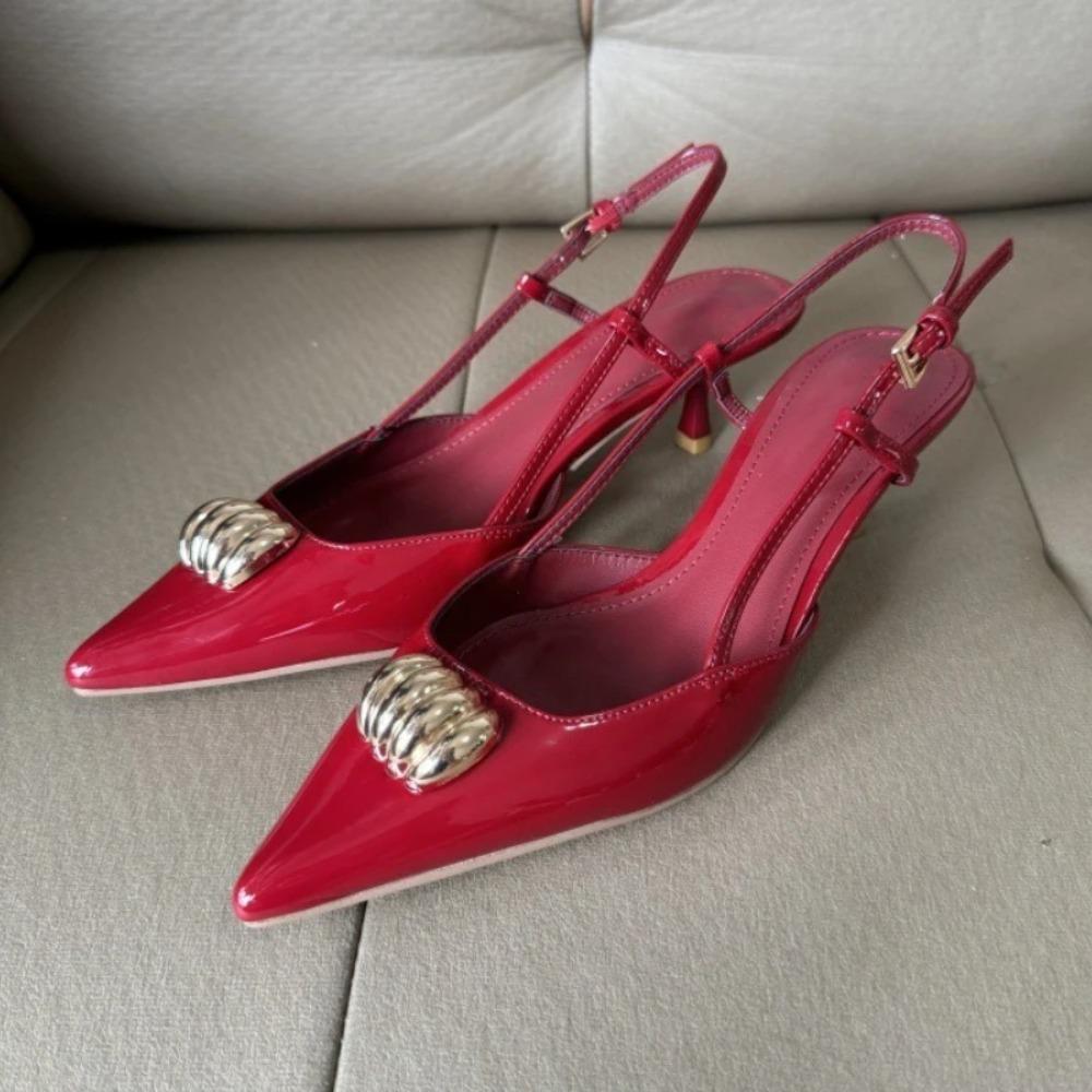 Fashion Metal Decoration Designer Sandals for Women Summer Sexy Patent Leather Pointed Toe High Heels Party Dress Shoes