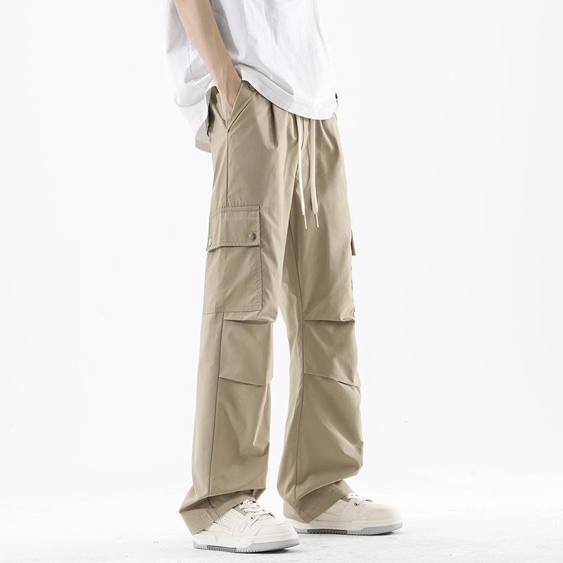 Summer new cool and breathable tooling casual pants thin men's fashion loose straight elastic waist long pants