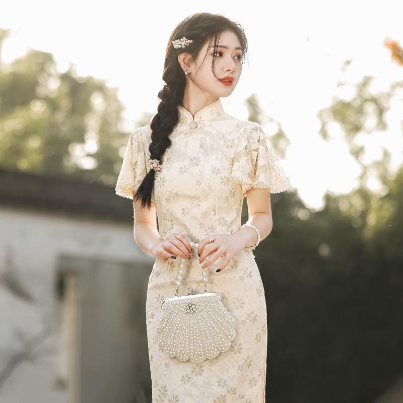 Lace Midi Cheongsam Dress Women Vintage Inspired Short Sleeve Small
