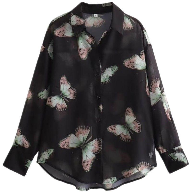 

Western Style Autumn and Winter New Women clothes Slimming Versatile Lapel Long sleeve Slimming Versatile Butterfly Printed Chiffon Shirts Picture color L