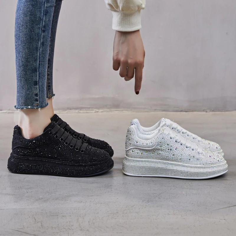Fashion 5cm New Rhinestone Genuine Leather Platform Wedge Casual Fashion Chunky Sneakers Spring Autumn Femals Ladies Lace Up Shoes