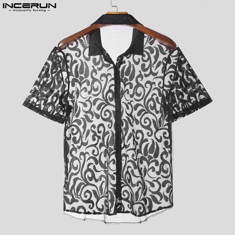 INCERUN Herren Sommer Spitze Häkeln Blumen Shirts Mesh Strand Urlaub T-Shirts