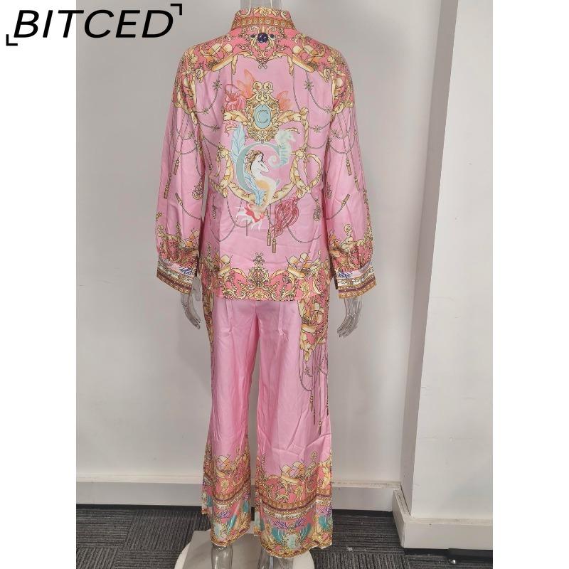 BITCED Damen Frühjahrskollektion: Eleganter Homewear-Stil Bedrucktes Langarm-Oberteil und Hose Lässiges Mode-Set