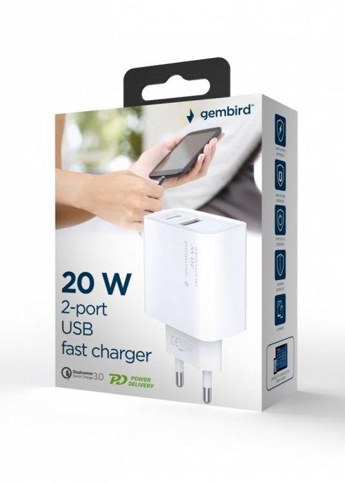 Încărcător rapid - Gembird - TA-UC-PDQC20-01-W - 2 porturi USB-C/A - 20 W - Quick Charge 3.0
