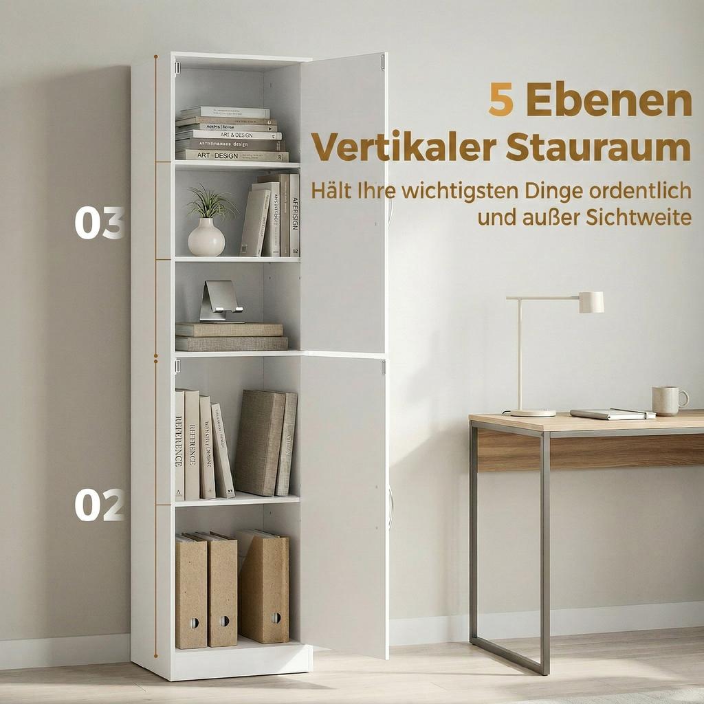 180 cm Tall Bookshelf, Modern 5-Tier Shelf with Adjustable Shelves, Freestanding Storage Cabinet, White