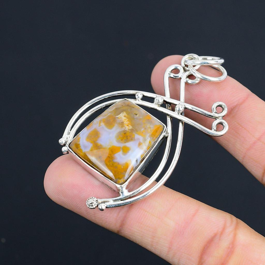 Wedding Gift For Her 925 Sterling Silver Natural Plume Agate Gemstone Pendant
