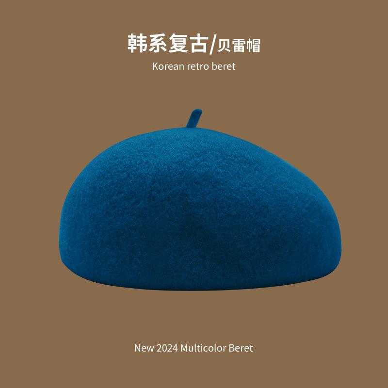 Beret Women's Pure Color Wool Heattechknitting Octagonal Hat Korean Styleretrowoolen Light Plate Painter Hat