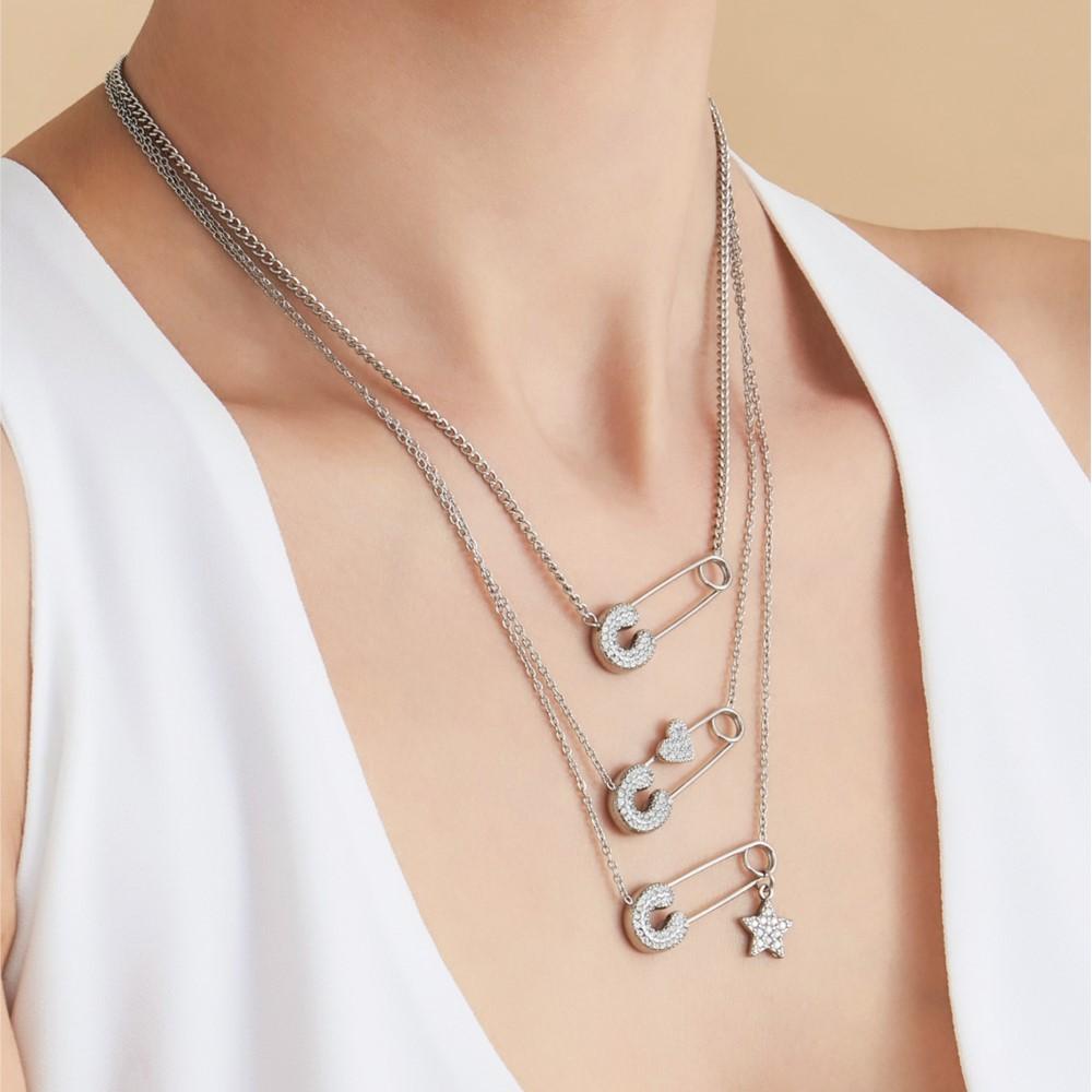 Delikatny naszyjnik z agrafką wysadzaną cyrkoniami na cienkim łańcuszku ze stali nierdzewnej pokrytej 18k złotem, zawieszka, naszyjnik-charms dla kobiet