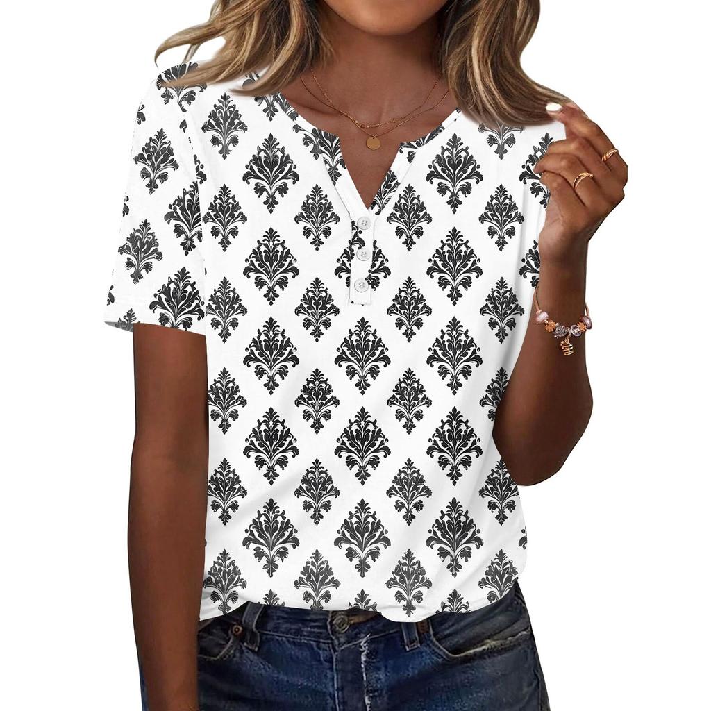 Women's T Shirt Print Button Short Sleeve Daily Weekend Fashion Basic V- Neck Regular Top