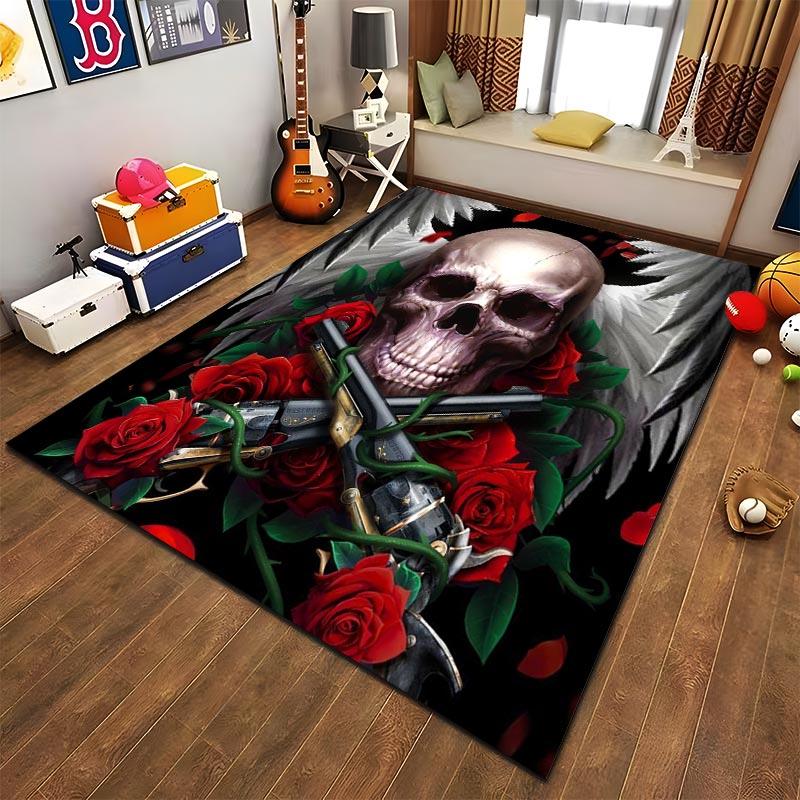 Skull Rug with Guns, Red Roses and Wings On Black Background Suitable for Use As an Anti-slip for Living Room Bedroom Sofas