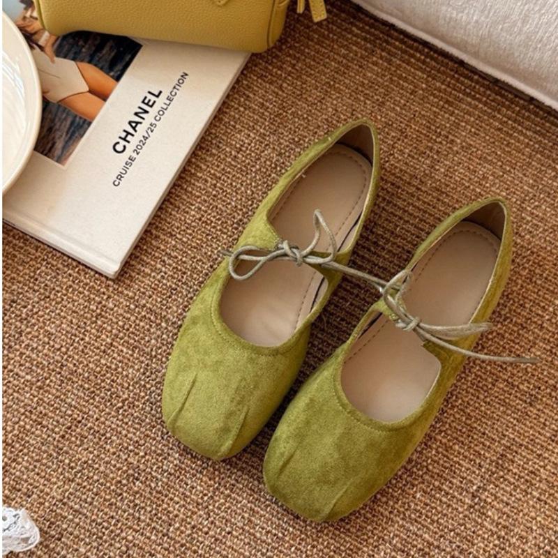 

Lace-up bow single shoes women s versatile flat-bottomed square head soft-soled ballet shoes 40 зелений