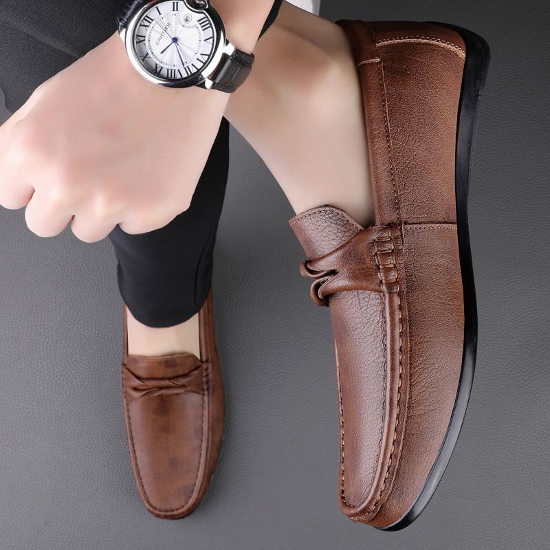 Fashion Spring New Men Comfortable Top Layer Cowhide Soft Sole Anti Slip Bean Shoes Fashion Brand Men Business Breathable Casual Loafers