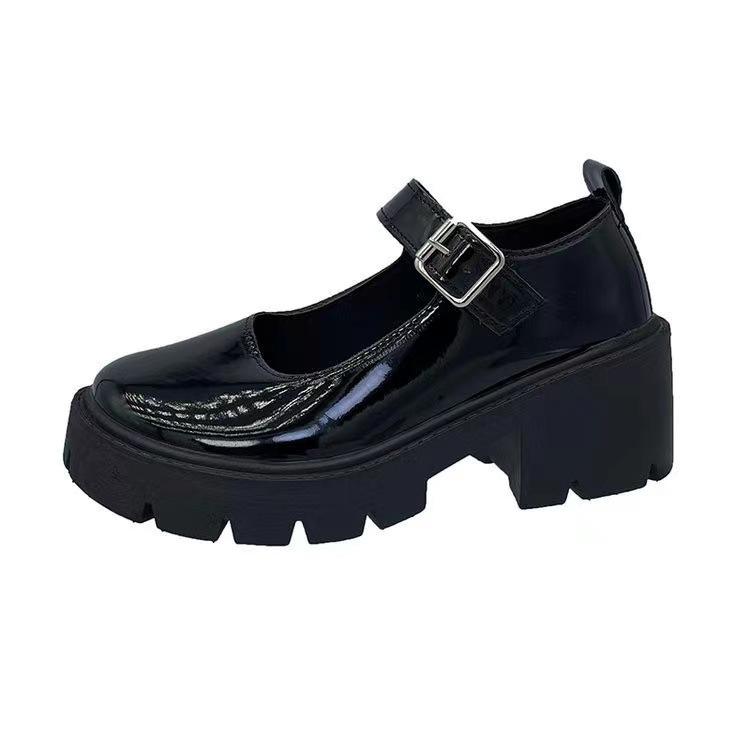 Small leather shoes women's spring new British college style bright leather high heels single shoes round head platform Mary Jane shoes women