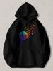 Black Pullover Hoodie with Rainbow Dandelion and Butterfly Print Colorful Floral Graphic Sweatshirt with Kangaroo Pocket Casual St