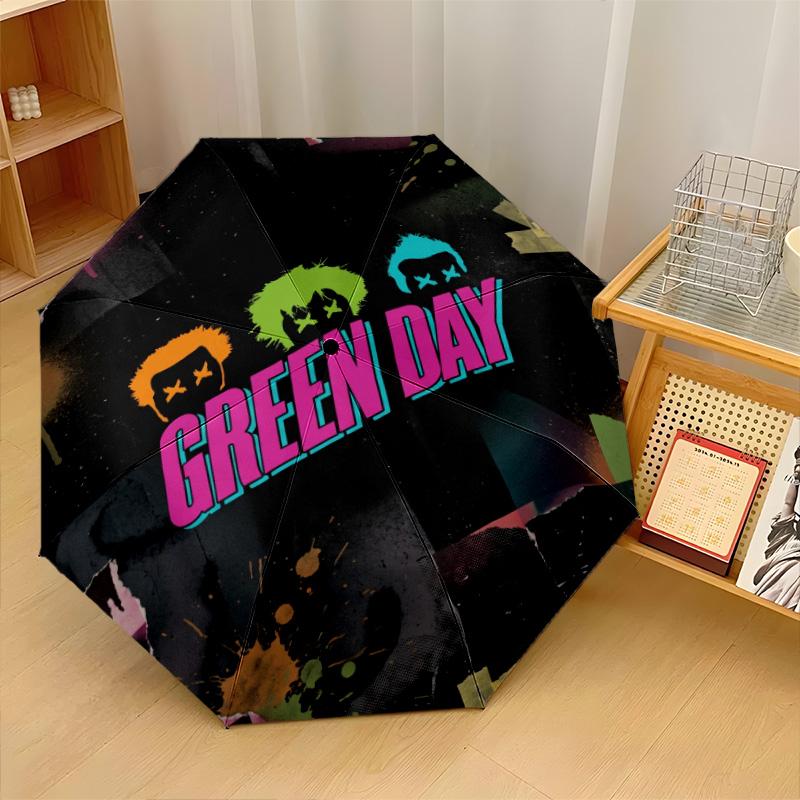 Green Day Print 8?Ribs Automatic Umbrella Wind Resistant Lightweight Folding Umbrella For Outdoor Travel