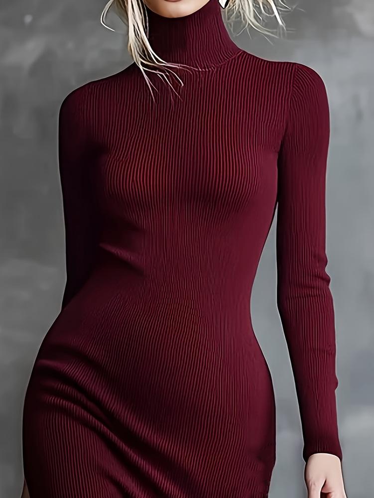 2026 Vår/Höst Elegant Hög Halsstickad Midi-klänning med Spetsfåll för Kvinnor