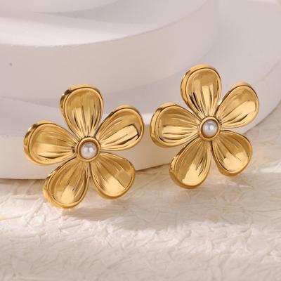 Pearl Flower Earrings For Women Gold Color Stainless Steel Geometric Flower Earring Wedding Christmas Party Jewelry Gift