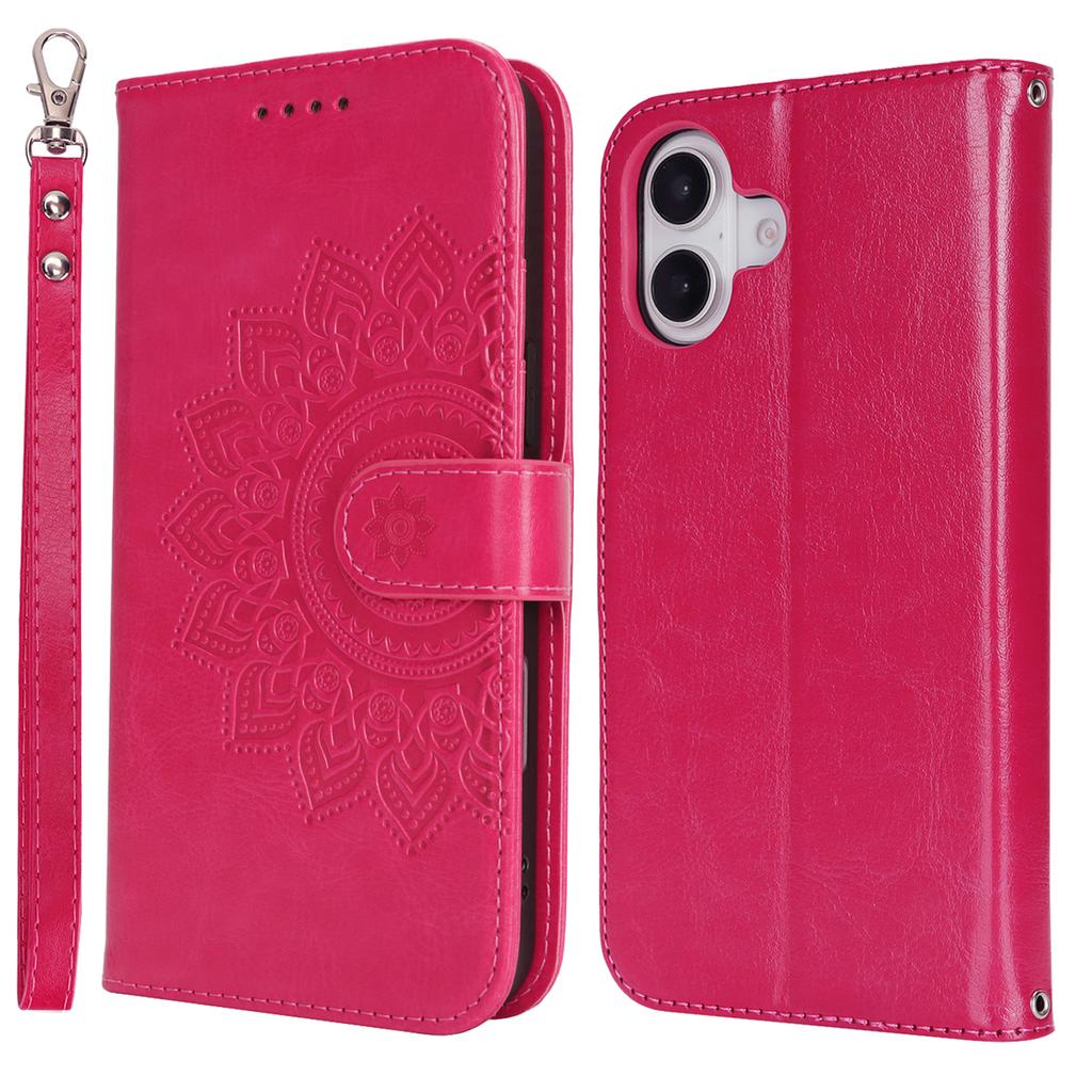 For iPhone 16 Stand Case Textured Leather Wallet Phone Cover with Strap