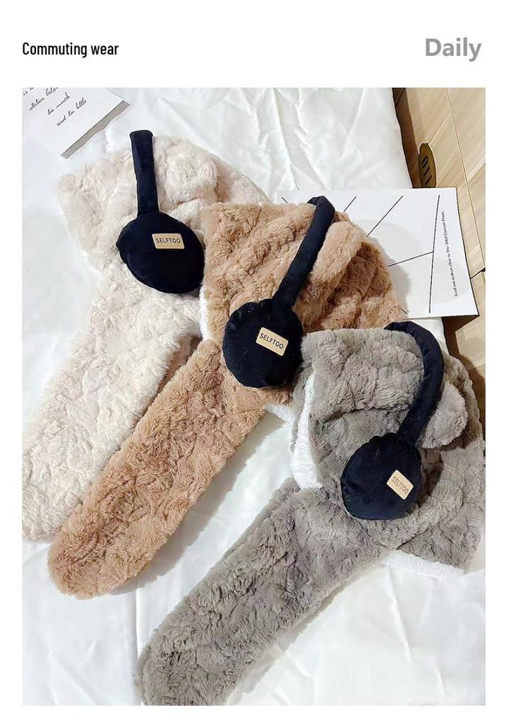 Women's Bear Earphones Hat: Warm Hooded Scarf with Plush Ear and Neck Protection for Autumn/Winter