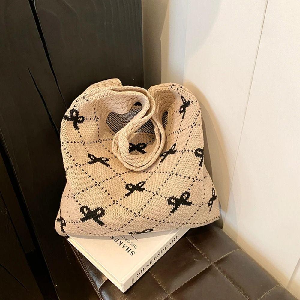 Soft Bow Knitting Shoulder Bag Sweet Casual Woven Handbag Elegant Beach Bag Vacation