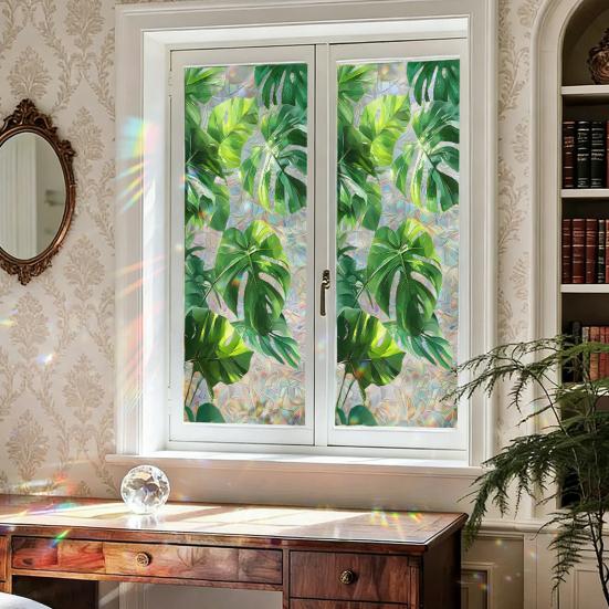 Pellicola Decorativa Arcobaleno per Vetri Privacy Vetro Colorato Fiori Piante Adesivo Riutilizzabile Non Adesivo per Finestre Camera da Letto Blocca Sole