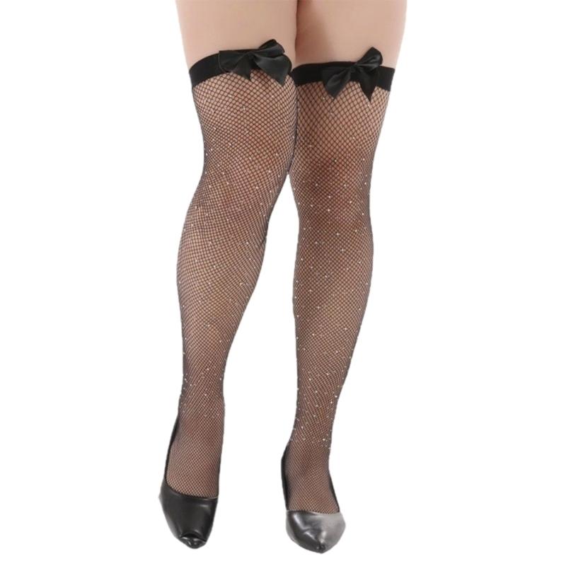 Fishnet Stockings Over Knee Highs Socks for Cosplay Daily Wear Satins Bows Thigh High Stockings for Womens