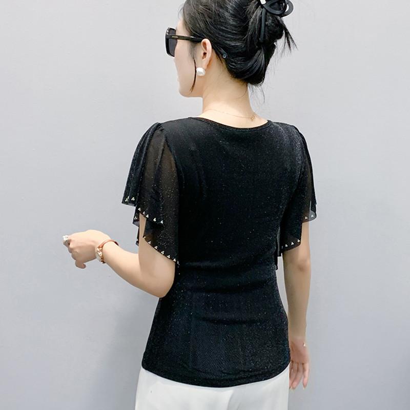 Summer New Elegant O-Neck Short Sleeved Mesh T-shirt Fashion Ruffles Hot Diamonds Women's Tees Chic Butterfly Sleeve Casual Tops