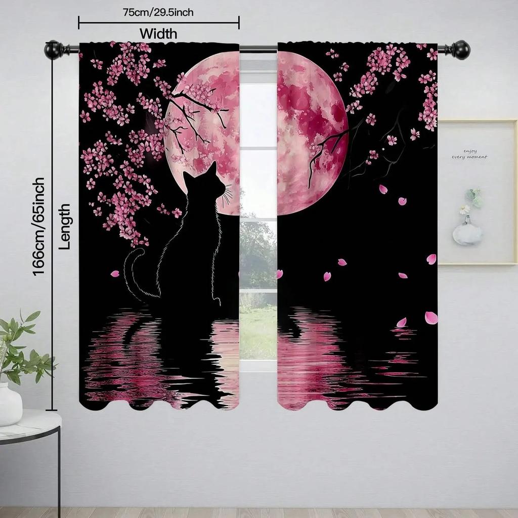 Jit Dreamy Floral Curtain Cherry Blossom Cat Design Polyester Drapes Home Decor Holiday Window Trea Curtains Light Blocking Set Of 2 Made With Rod