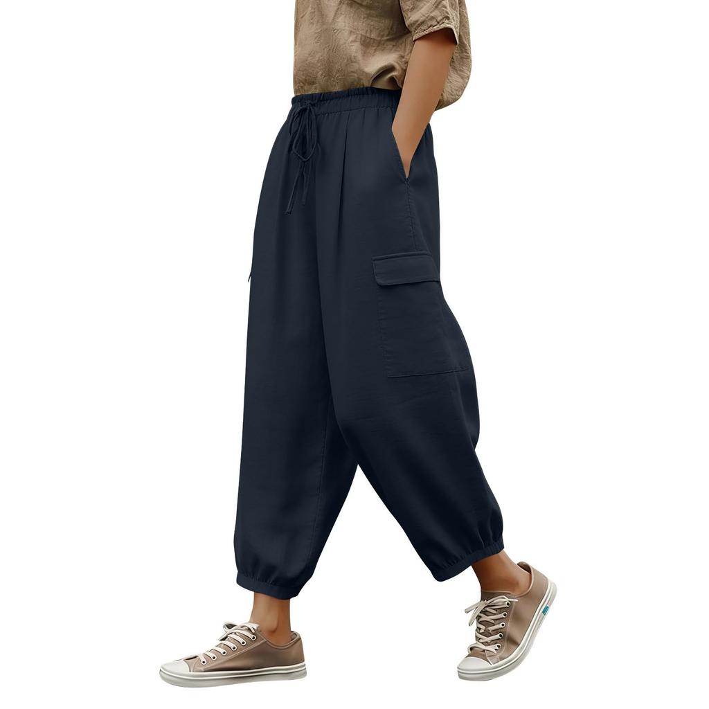 Women Elastic High Waist Pant Casual Fit Wide Leg Long Pants Trousers With Pockets