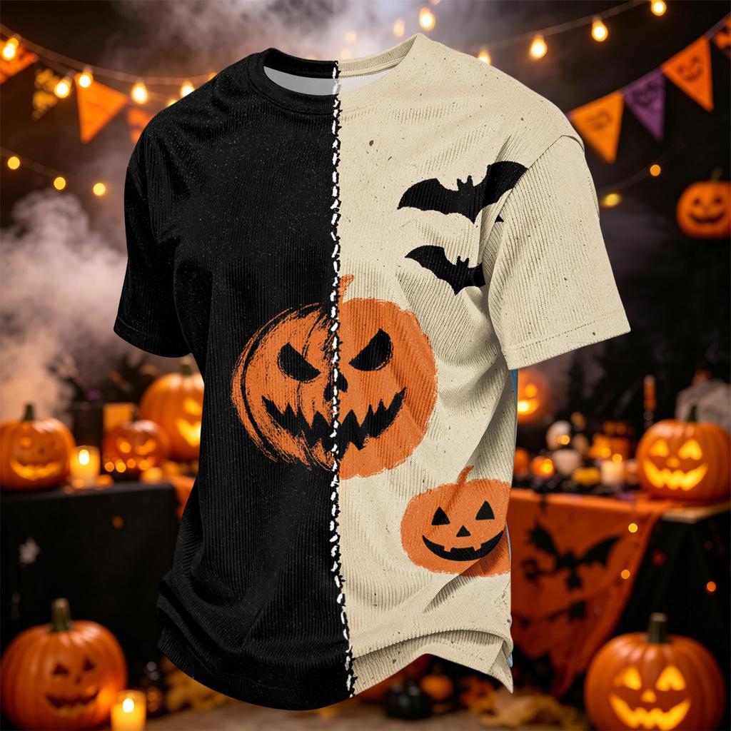 Men's Casual Corduroy Short Sleeve T-Shirt Lightweight Breathable Round Neck Halloween Pumpkin Print Top Comfortable Fit