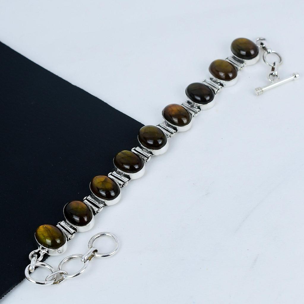 Natural Yellowe Flash Labradorite Gemstone Handmade 925 Sterling Silver Bracelet, Yellowe Flash Labradorite Bracelet For Wife , Unisex Bracelet