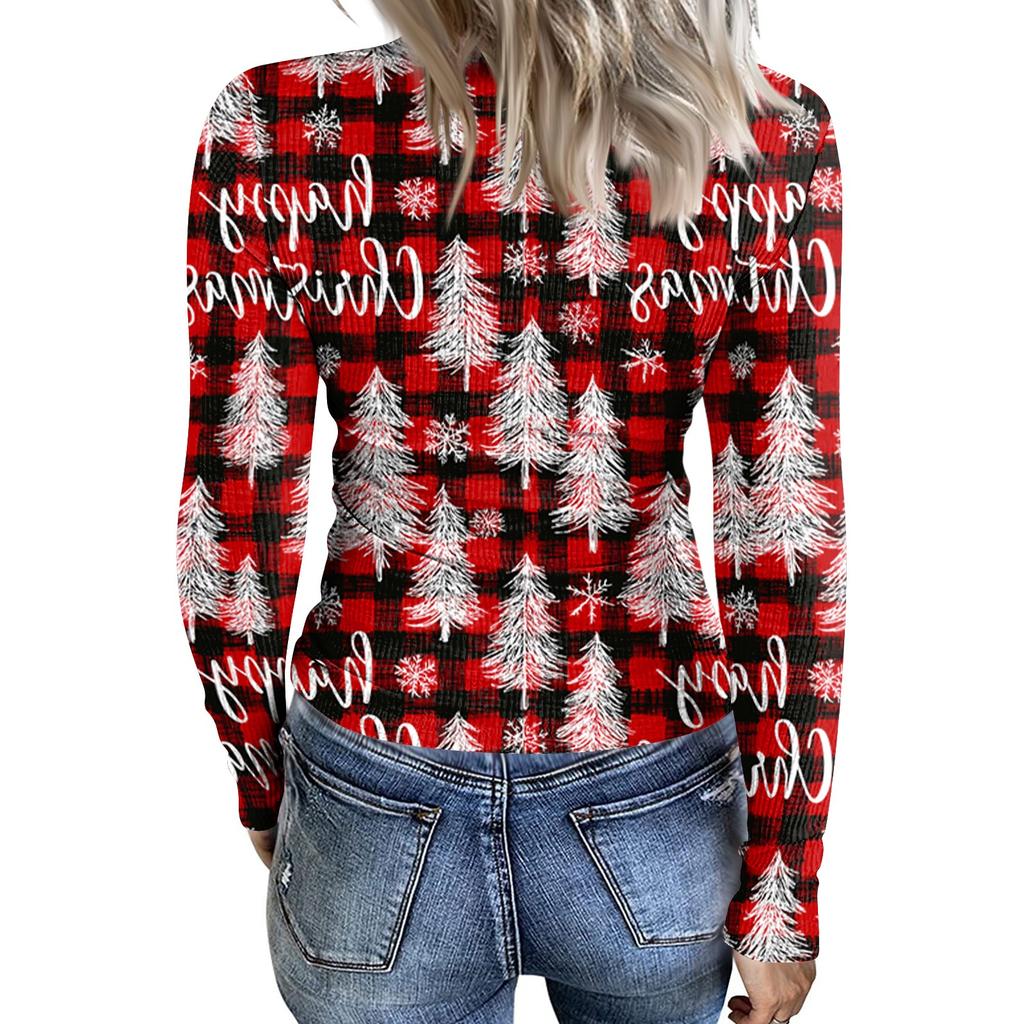 Women's Casual Christmas Print Long Sleeve Ribbed Neck Top