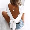 Color Women Solid Long Sleeves Backless Bandage Blouse Cross Loose Tops Bow