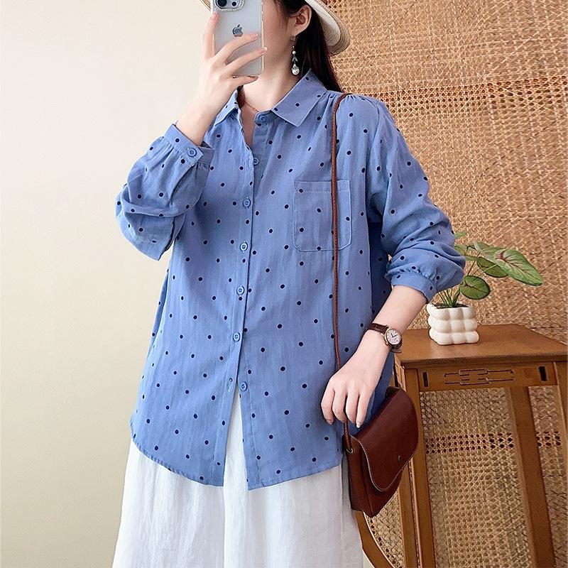 New Korean Simple Casual Style Double-layer Cotton Yarn Pure Cotton Polka Dot Shirt Women's Loose and Thin Long-sleeved Printed Shirt