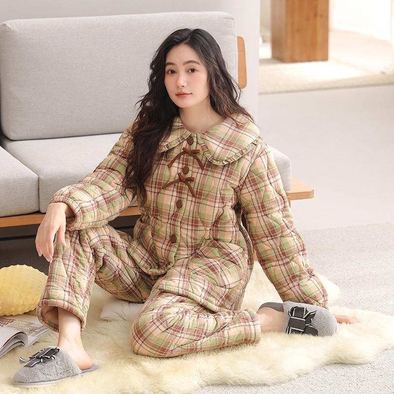 Three-Layer Woven Pure Cotton Padded Pajamas, Women'S Winter Thickened And Velvet Padded Jackets, Warm Loungewear Can Be Worn Outside