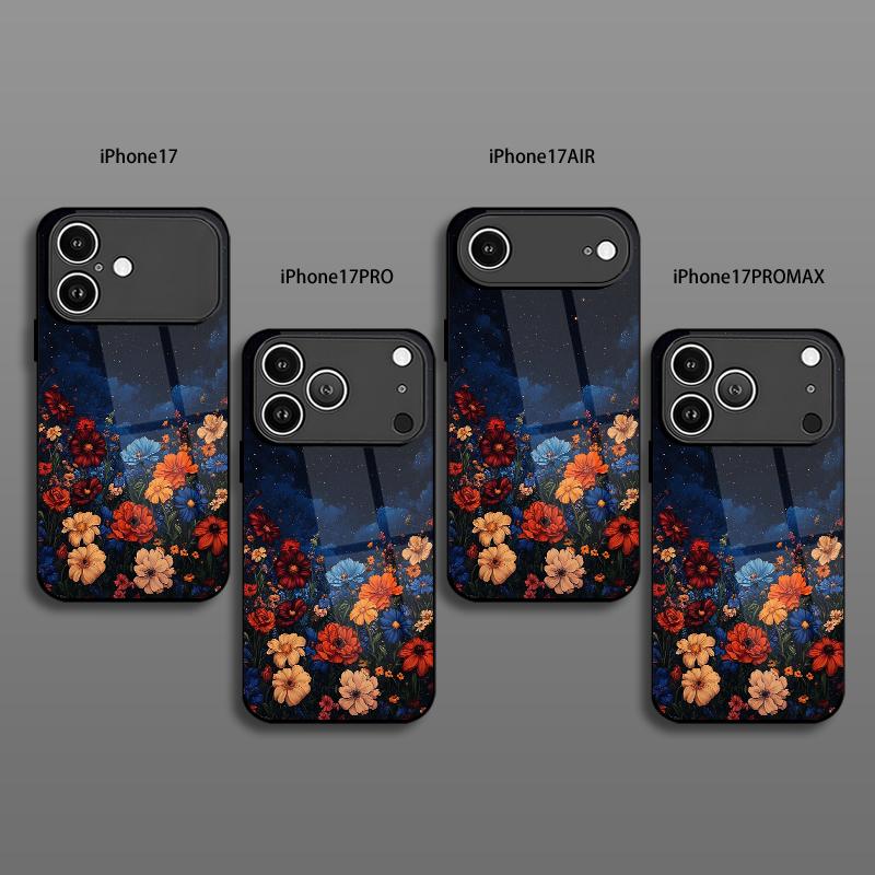 Dark Night Floral Pattern 2D Phone Case for iPhone 17 16 15 14 13 12 11 X XR XS Max Pro 8 Plus - Black Glass Protective Cover