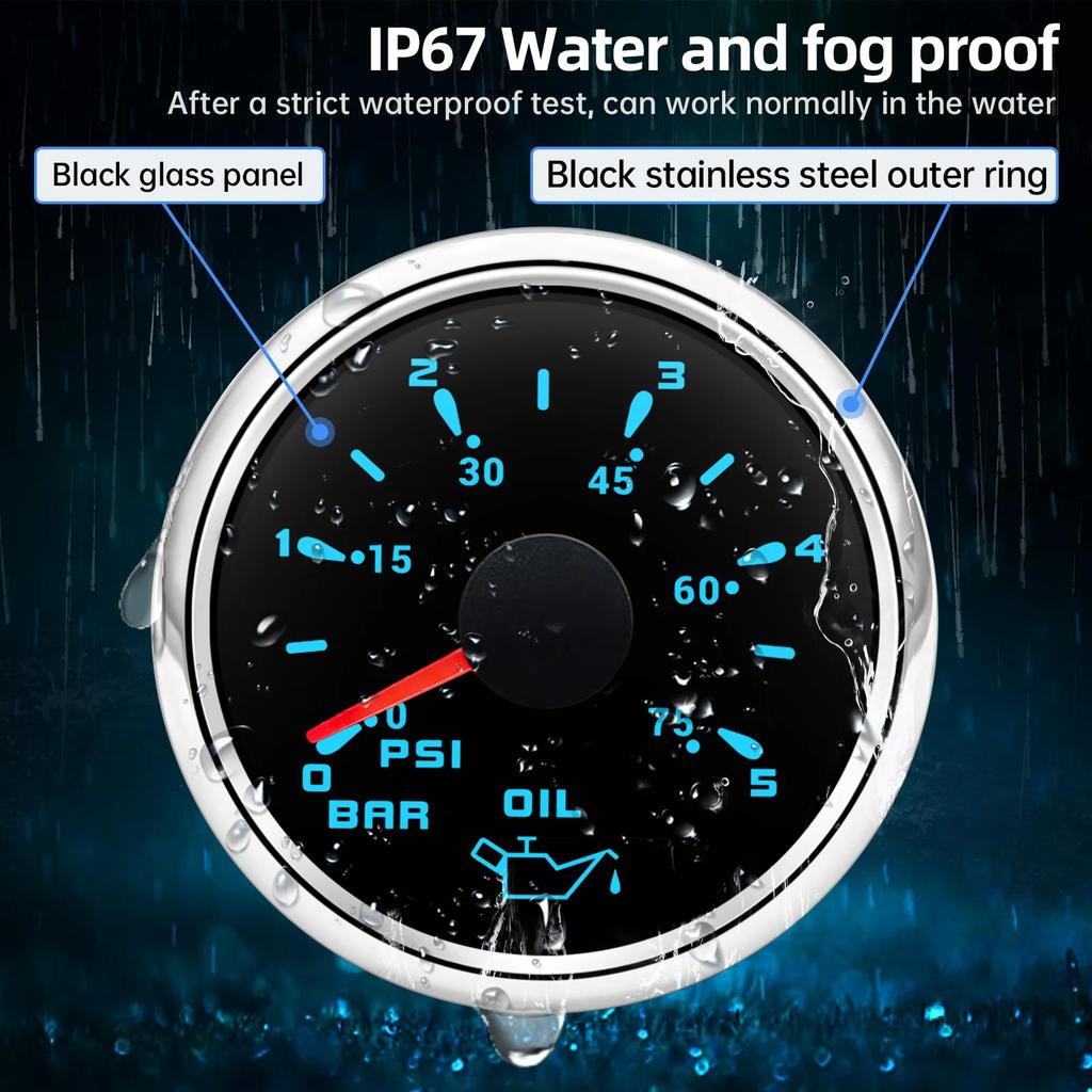 Marine Car Boat 52mm Oil Pressure Gauge+Sensor 0-5Bar 0-10Bar 7 Color Backlight Oil Press Meter Oil Press Indicator 12V/24V