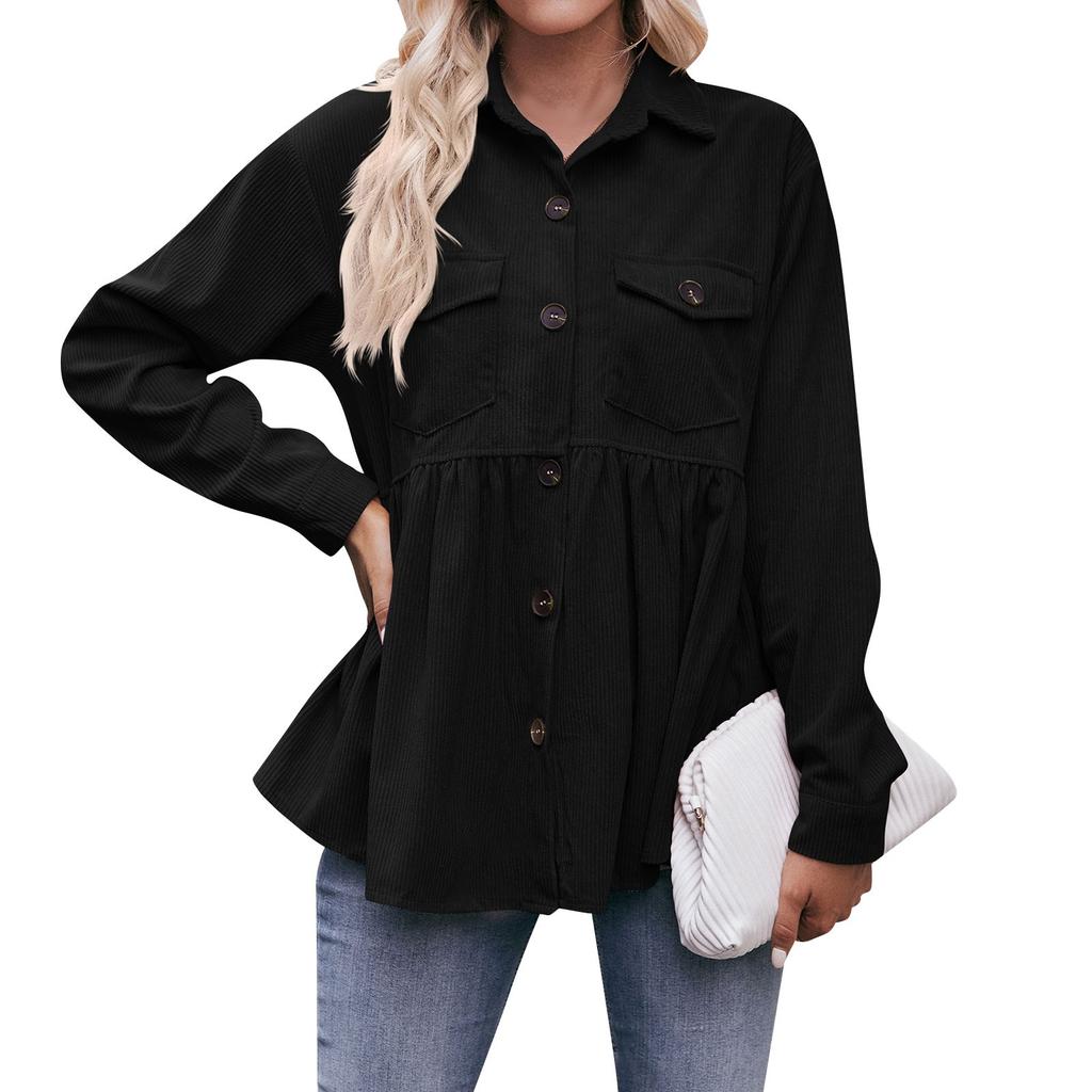 Women's Casual Long Sleeve Stand Collar Corduroy Solid Color Top Shirt