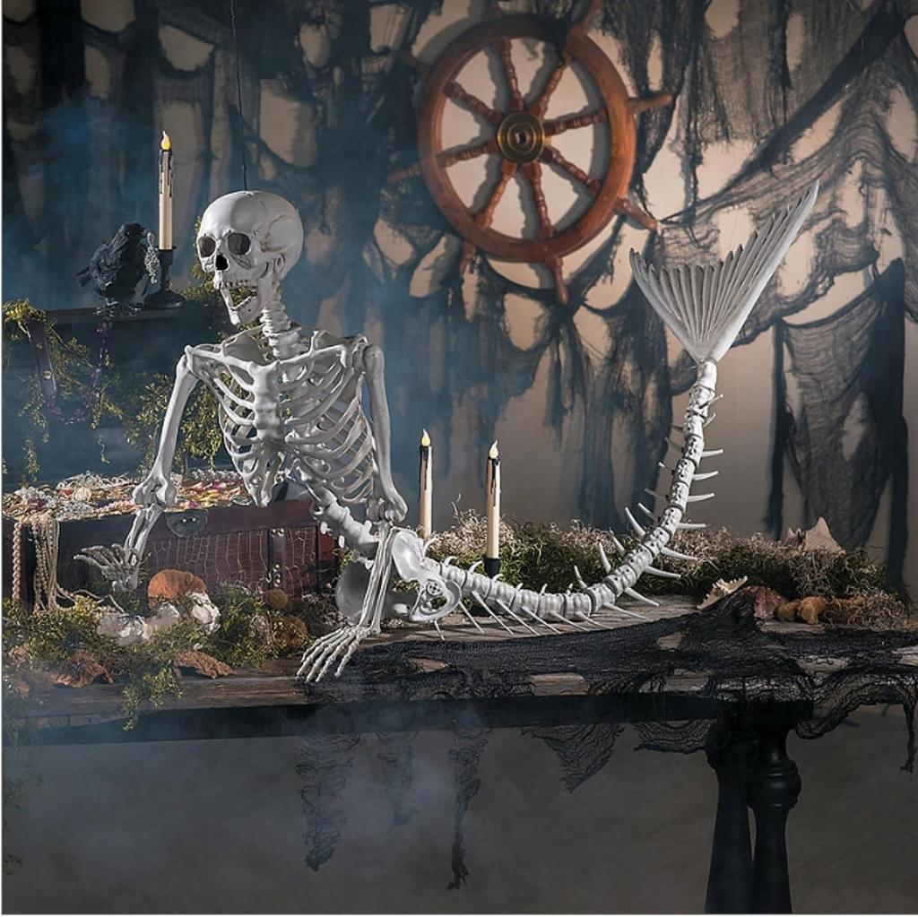 Life Size Skeleton Mermaid Skeleton Halloween Outdoor Decorations,Realistic Full Body Posable Joints Mermaid Bones Scary Halloween Skeleton Life Size