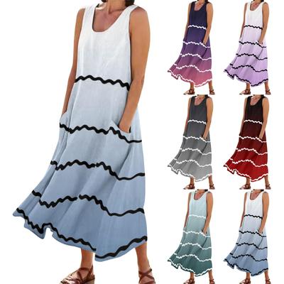 Dames Zomer Casual Mode Streep Print Mouwloos Ronde Hals Zak Jurk