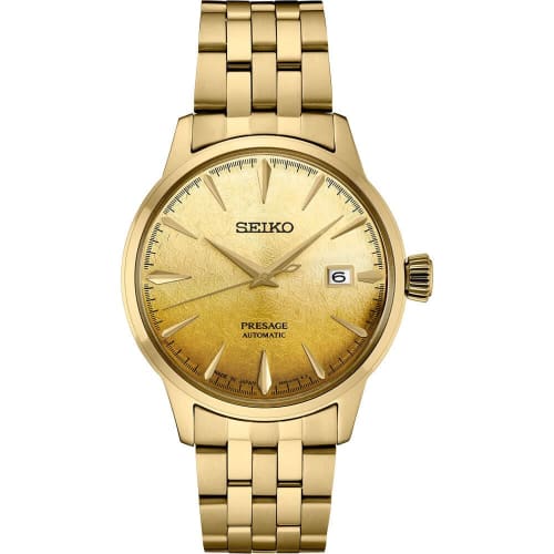 

Seiko SRPK46 Men s Presage - Gold-plated dial, stainless steel band, 50-meter water resistance, gold leaf finish. Made in Japan.